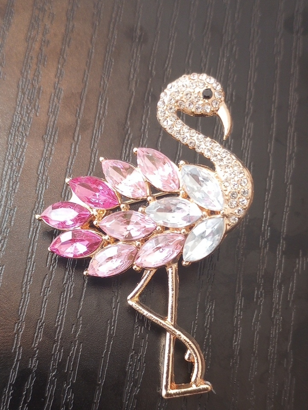 Gold-Tone Flamingo Brooch with Pink and Clear Rhinestones